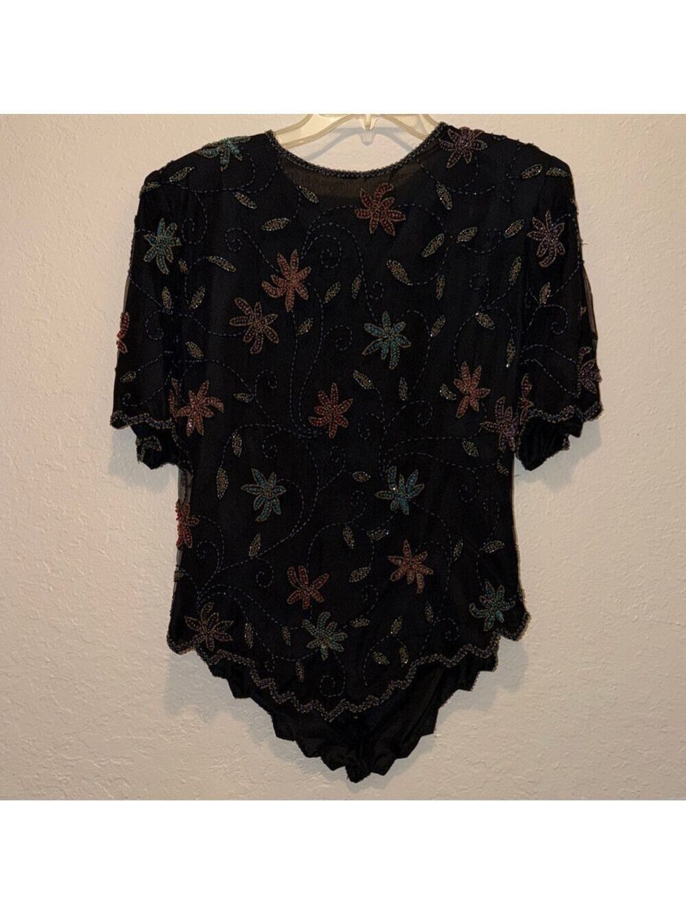 Vintage Silk Beaded Embroidered Black Floral Semi Formal Top Laurence Kazar